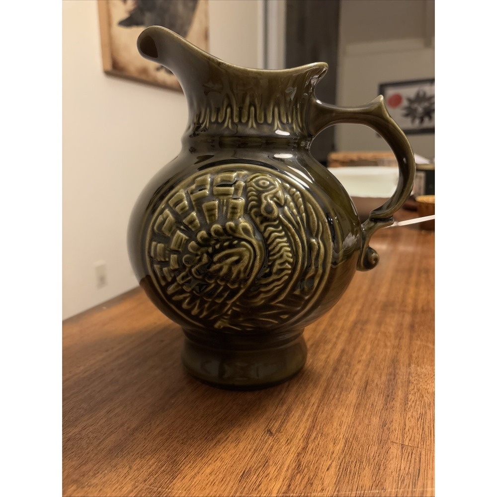 McCoy Pottery Pitcher Green With Turkey Design 1968 USA Happy Thanksgiving